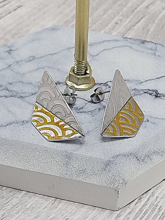 Aluminium Tin Geometric Stud Earrings – Half Folded Design – Silver Gold
