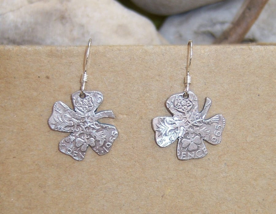 Recycled Sixpence earrings with 4 leaf clover design