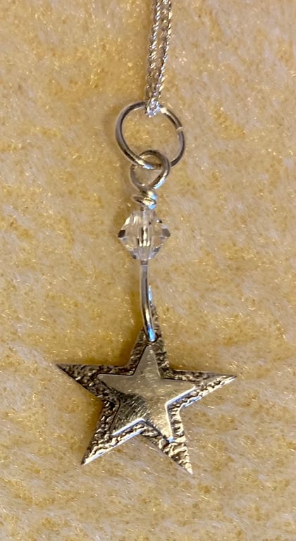 Double star necklace, handmade in pure silver with clear Swarovski crystal bead