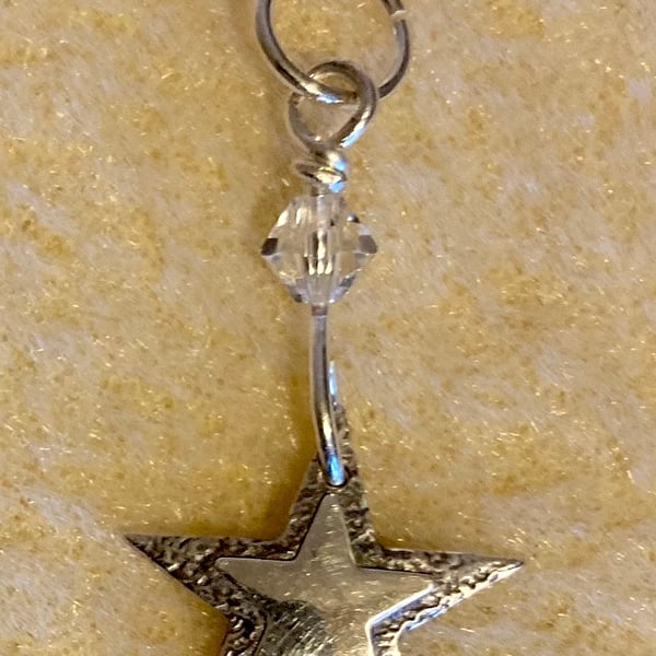 Double star necklace, handmade in pure silver with clear Swarovski crystal bead