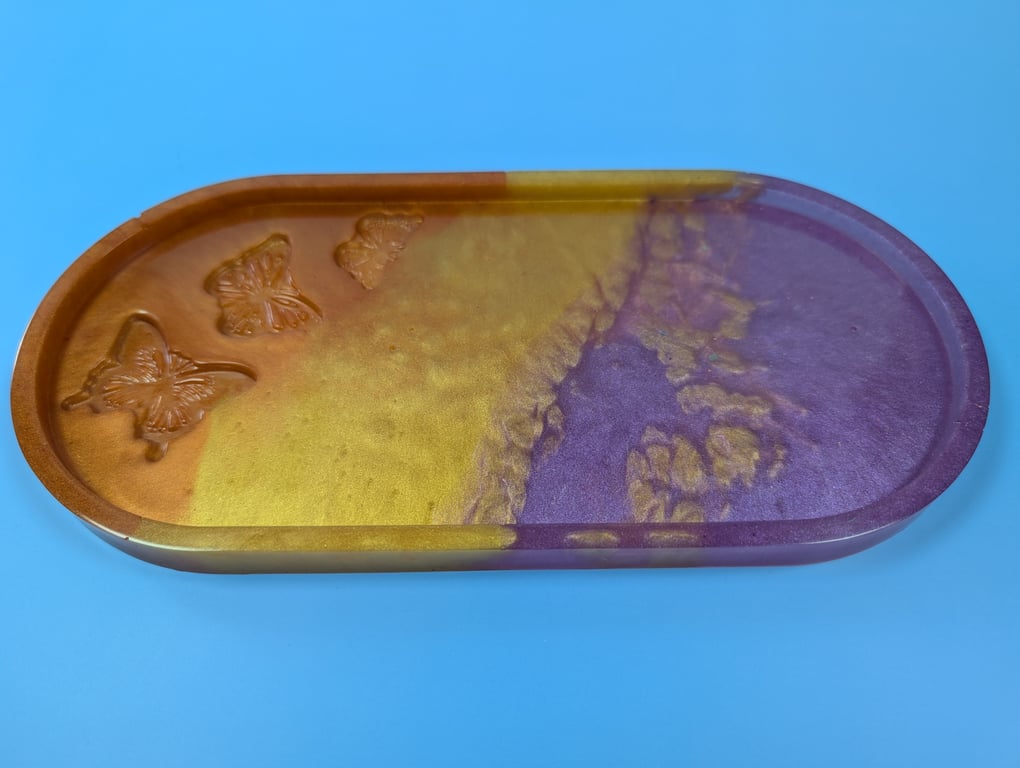 Butterfly Trinket Tray in Sunset Resin – Copper, Gold and Purple Swirl