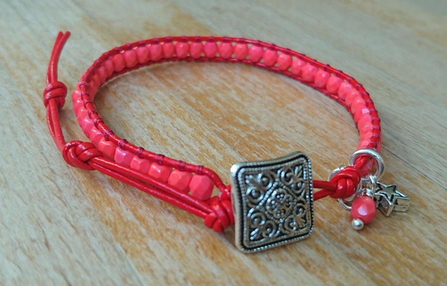 Red leather and coral bead bracelet