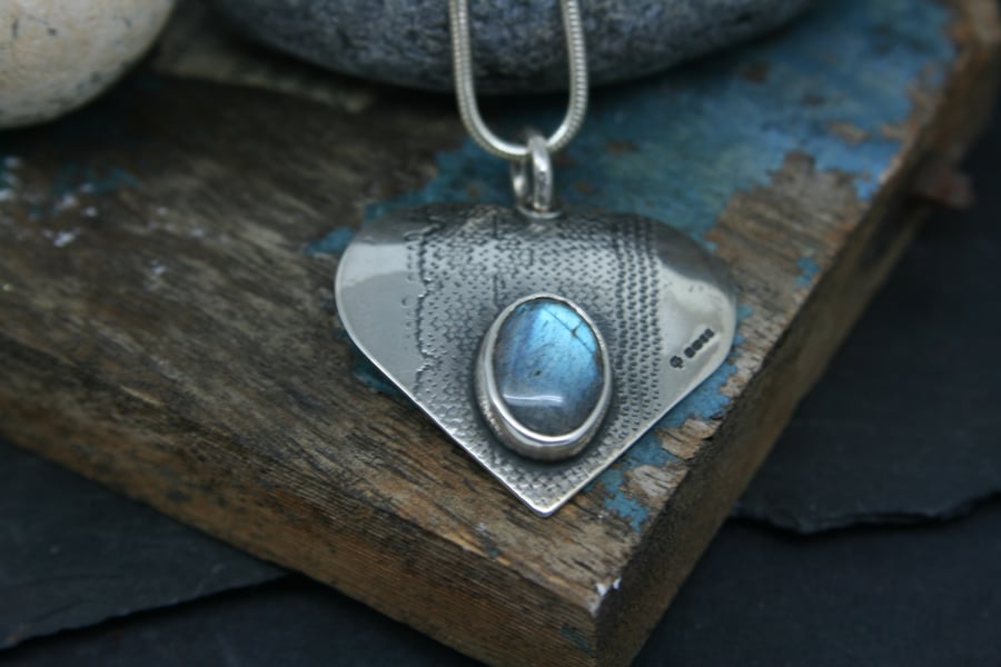 Lace imprinted silver heart with Labradorite