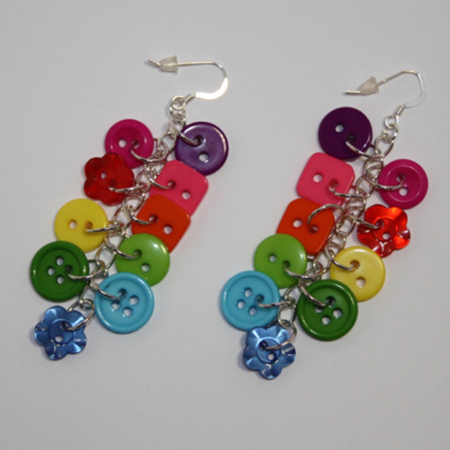 Rainbow button sterling silver drop earrings 
