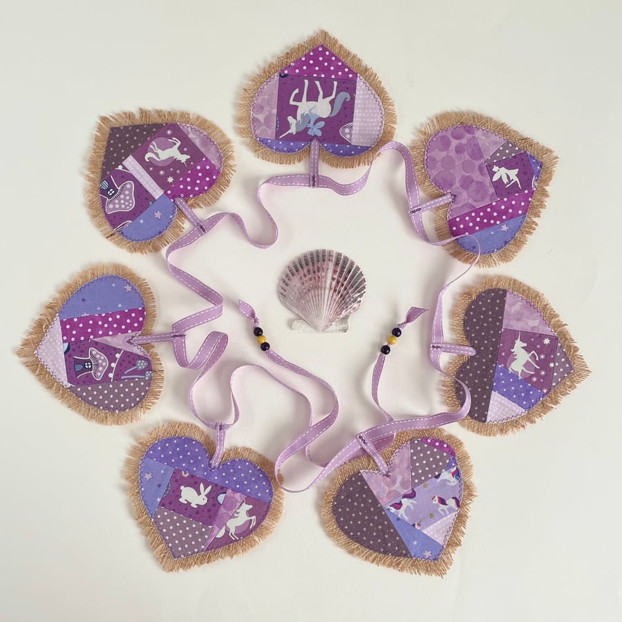 Hessian hearts bunting - purple