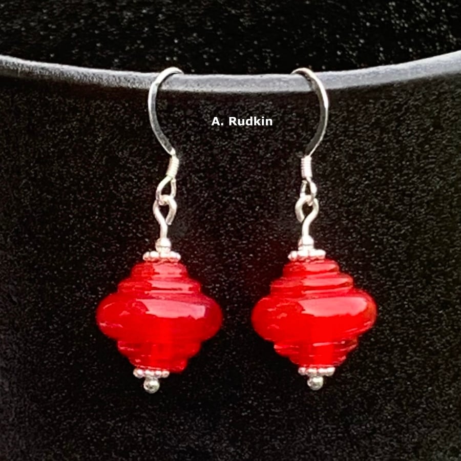 sterling silver - red lampwork glass bead - dangle earrings - by amanda rudkin