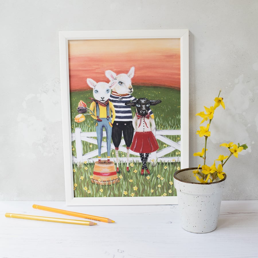 Spring time illustration print of three lambs. A4 unframed. Easter artwork.