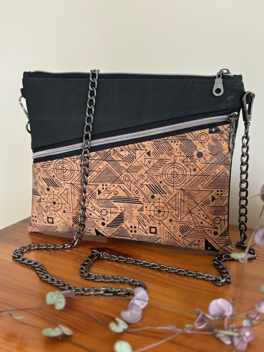 Handmade Cork Shoulder Bag – Black & Abstract Design with Olive Green Lining