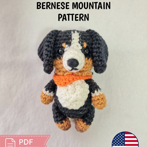 Bernese Mountain Dog Crochet Pattern PDF - Amigurumi Berner Puppy Bag Charm