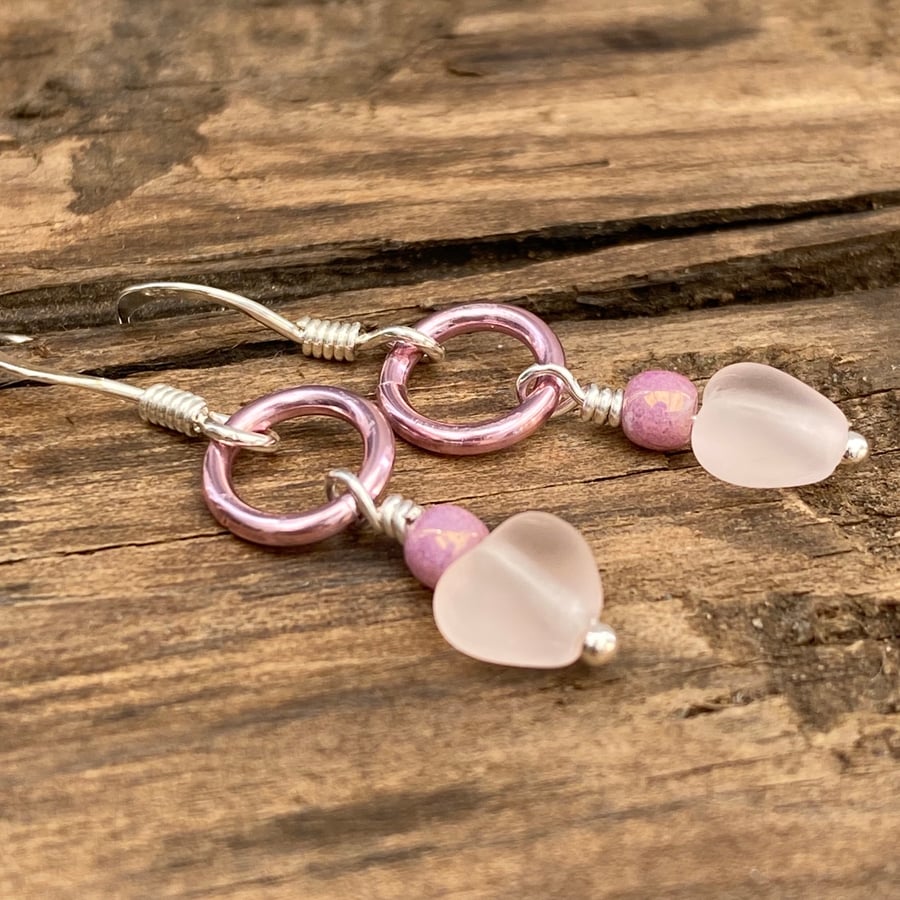 Pink Heart & Aluminium Ring Earrings. Sterling Silver. 