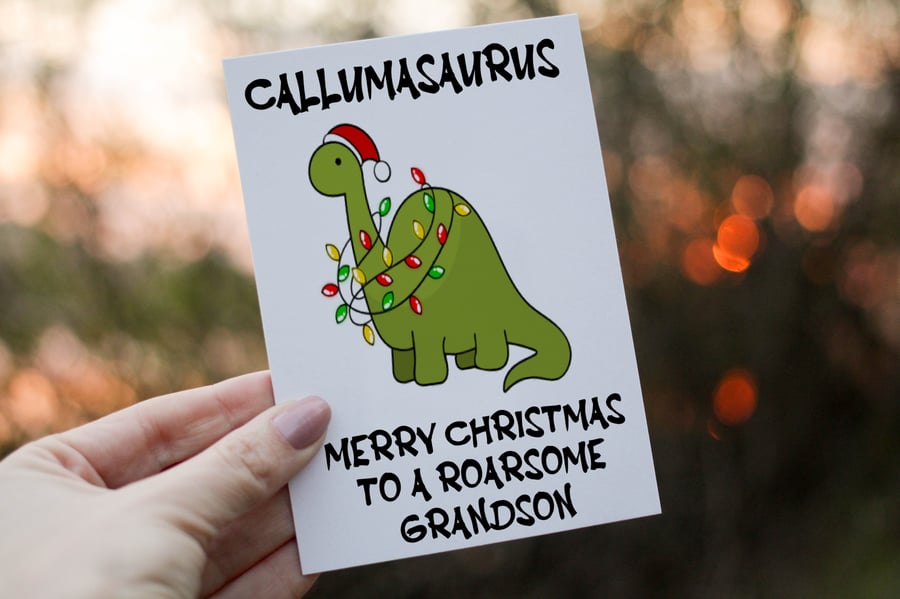 Grandson Dinosaur Christmas Card, Dinosaur Christmas Card, Personalized Card 