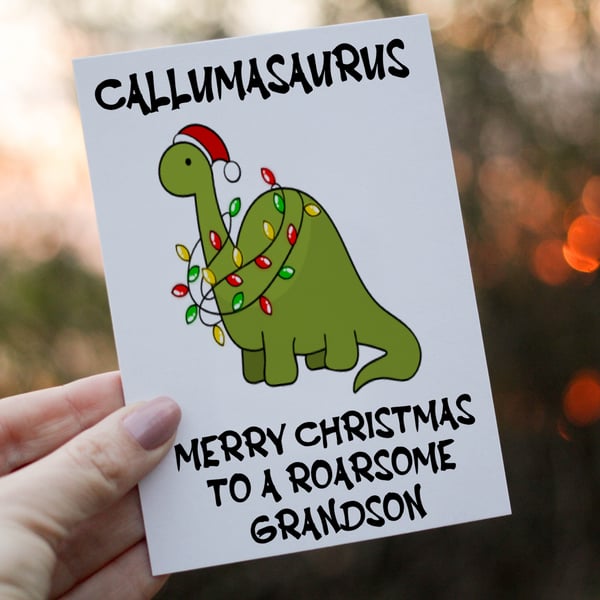 Grandson Dinosaur Christmas Card, Dinosaur Christmas Card, Personalized Card 