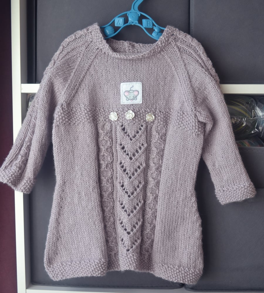 Hand Knitted Baby Lace and Cable Dress Lilac Wool Acrylic 12-24 months