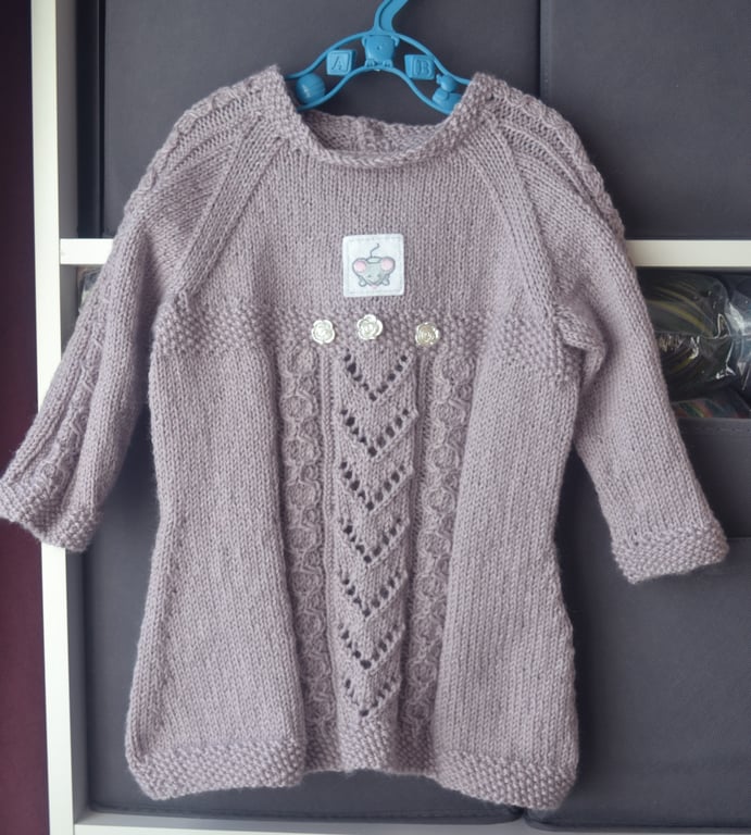 Hand Knitted Baby Lace and Cable Dress Lilac Wool Acrylic 12-24 months