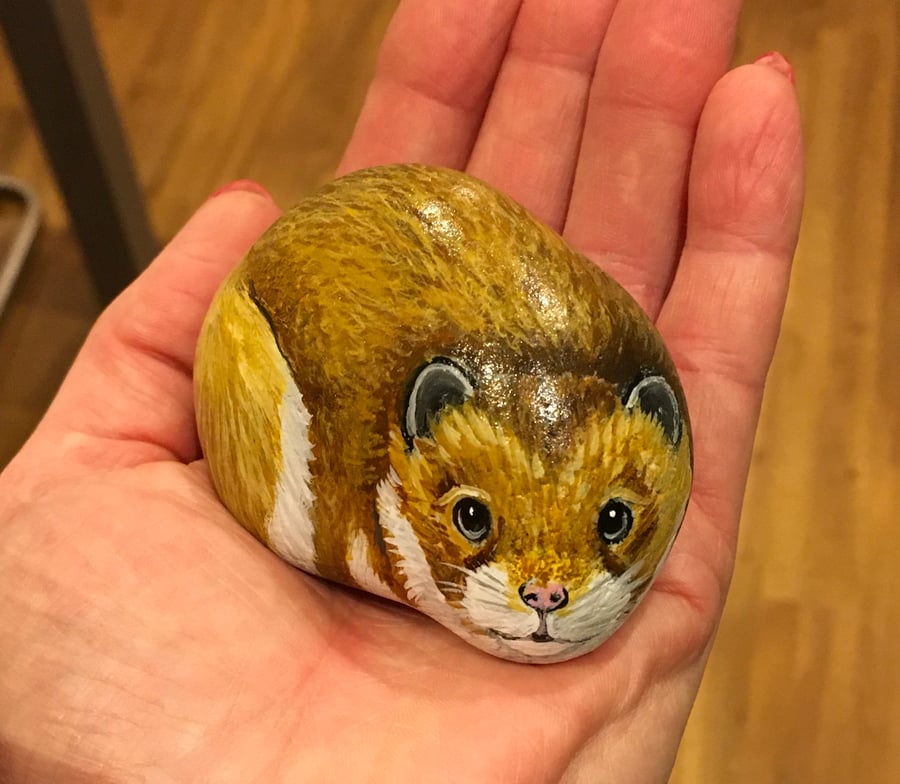 Hamster hand painted pebble garden rock art pet stone portrait 