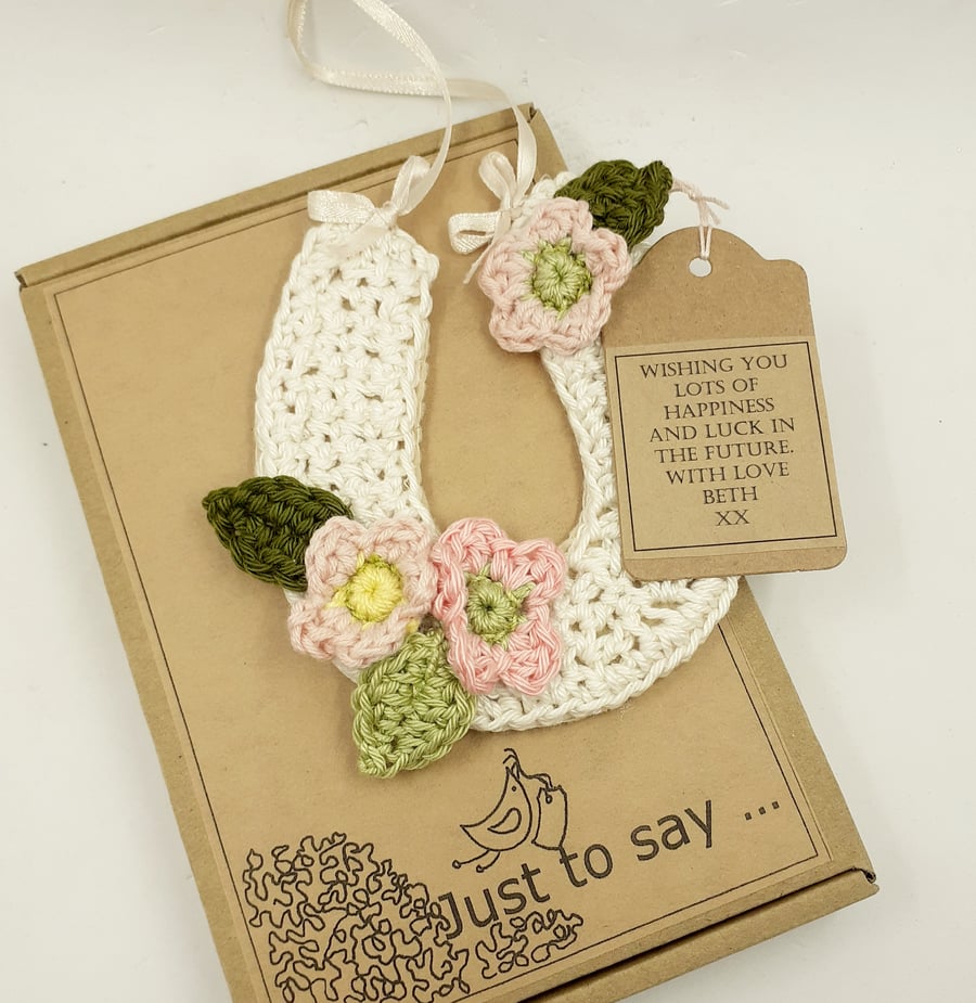 Reserved for Beth. Crochet Horseshoe- Alternative to a Wedding Card