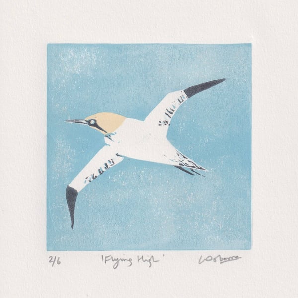 Flying High - original linocut of a gannet - coastal bird