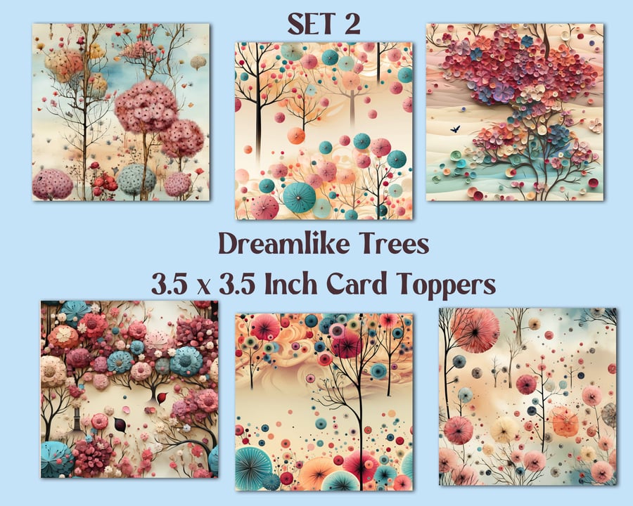 Fantasy Dreamlike Trees Square Card Toppers for Card Making, Tags, Scrapbooks