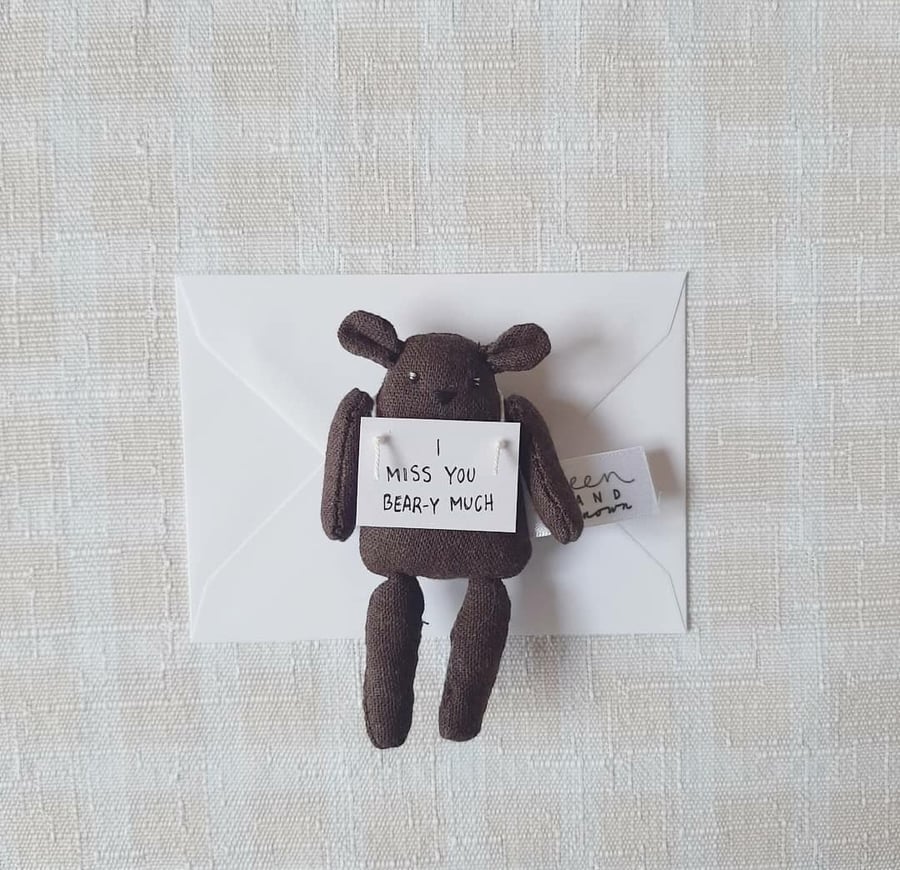 Small Pocket Dark Brown Bear holding note, I Miss You, Gift