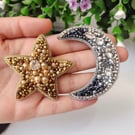 Fully handmade set of star and moon brooches
