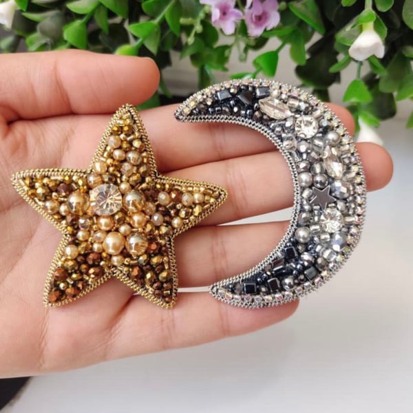 Fully handmade set of star and moon brooches