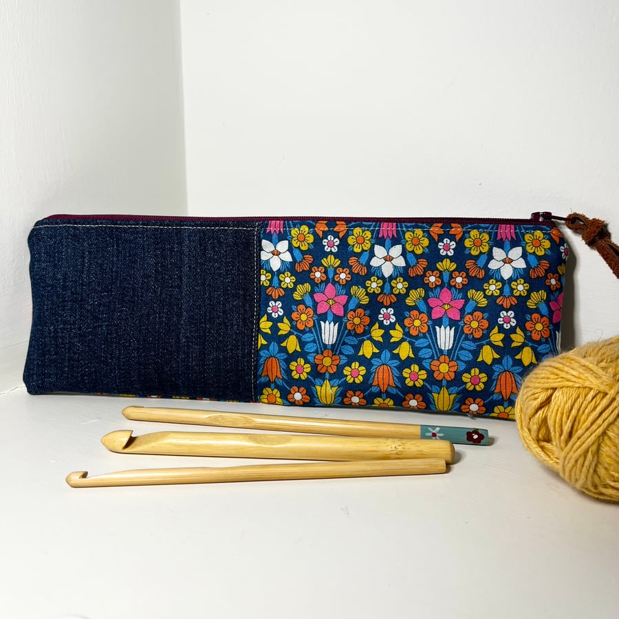 Liberty cotton and reclaimed denim narrow zip pouch