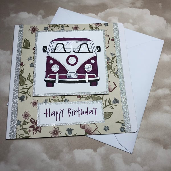 Burgundy camper van birthday card