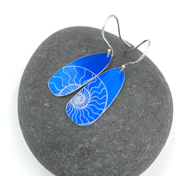 Dark blue anodised aluminium ammonite drop earrings