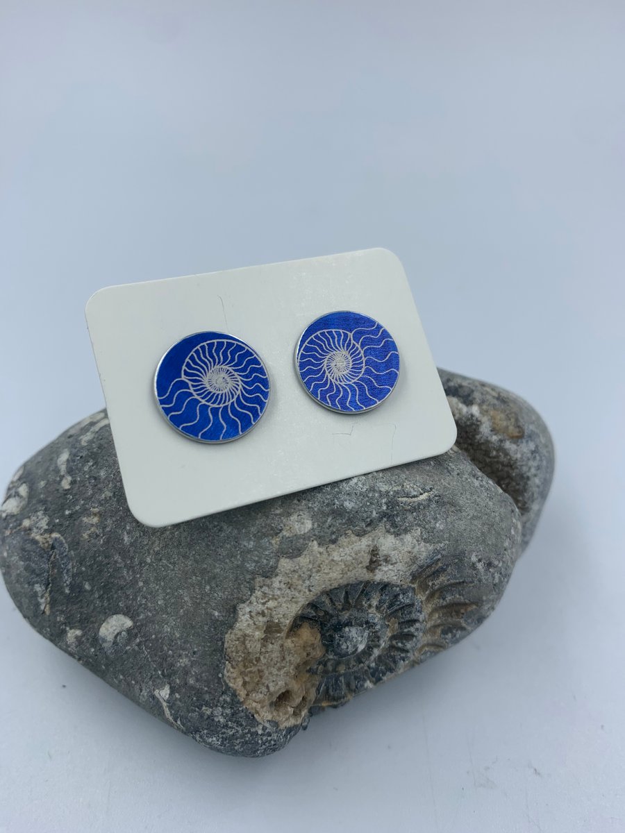 Dark blue anodised aluminium ammonite stud earrings
