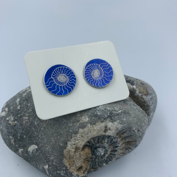 Dark blue anodised aluminium ammonite stud earrings