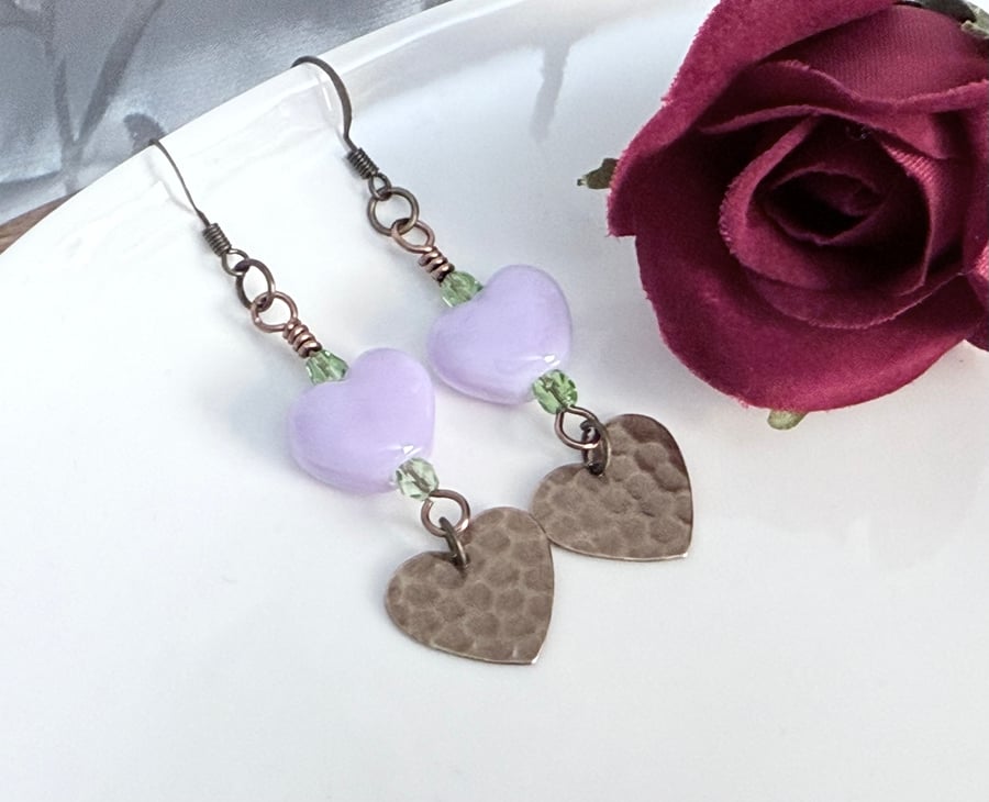 Lilac heart and brass heart boho earrings