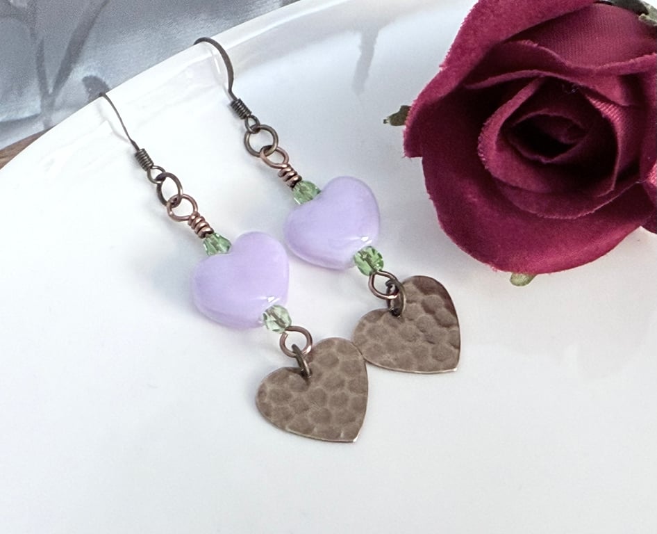 Lilac heart and brass heart boho earrings