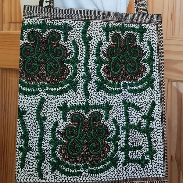 African fabric tote bag: green and brown