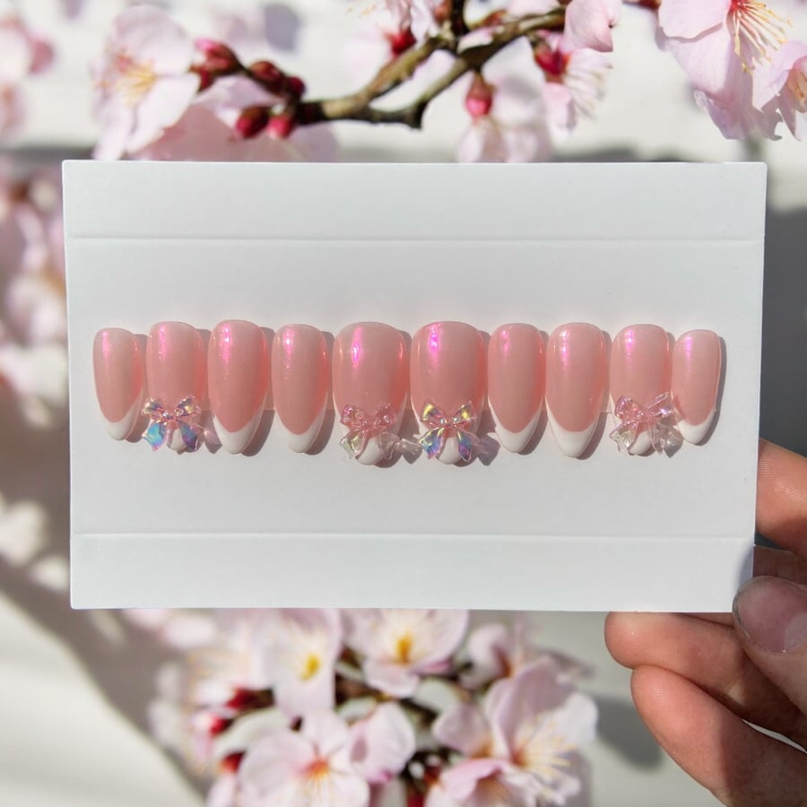 Custom press on nails - Chrome frenchies with bows