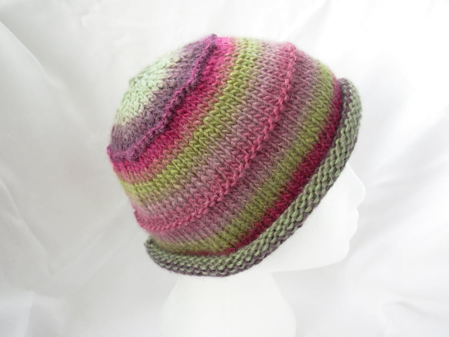Hand Knitted Adults Beanie Hat Stripey