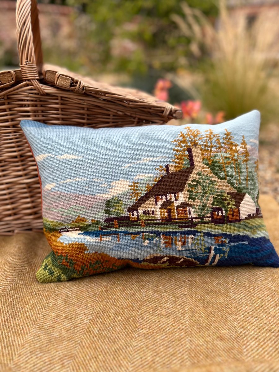 Riverside cottage tapestry and wool cushion cover 