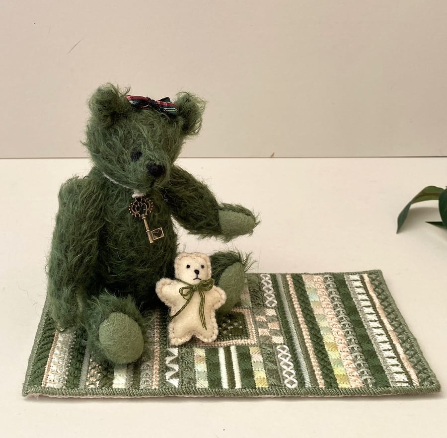 RESERVED for GB, Tilly, small mohair bear and needlepoint miniature rug