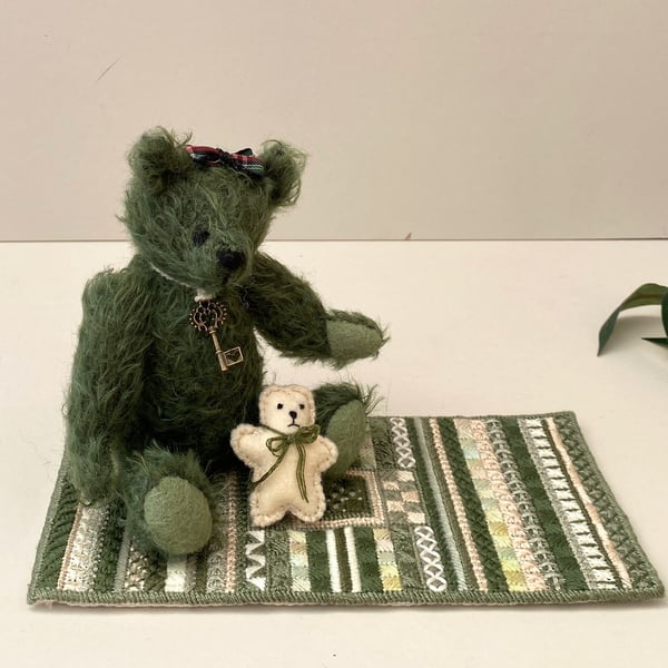 RESERVED for GB, Tilly, small mohair bear and needlepoint miniature rug