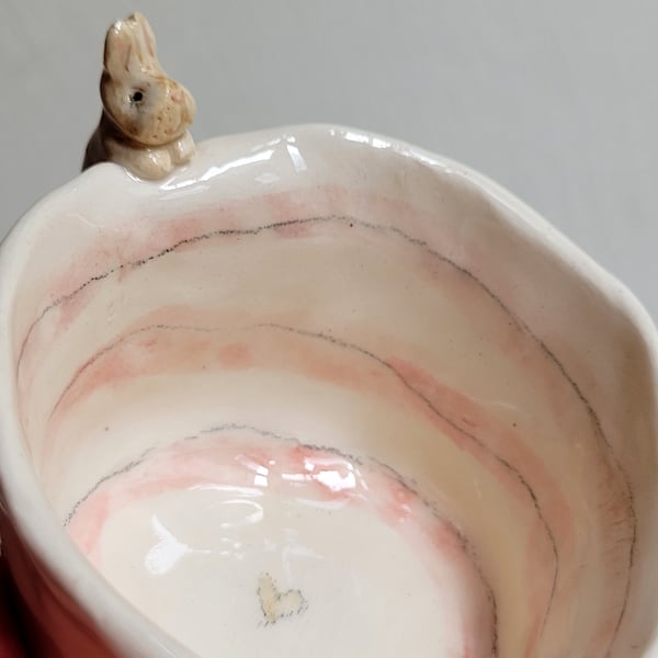 Ceramic tealight wth beige bunny, paw prints  pink stripes, rabbit candle holder