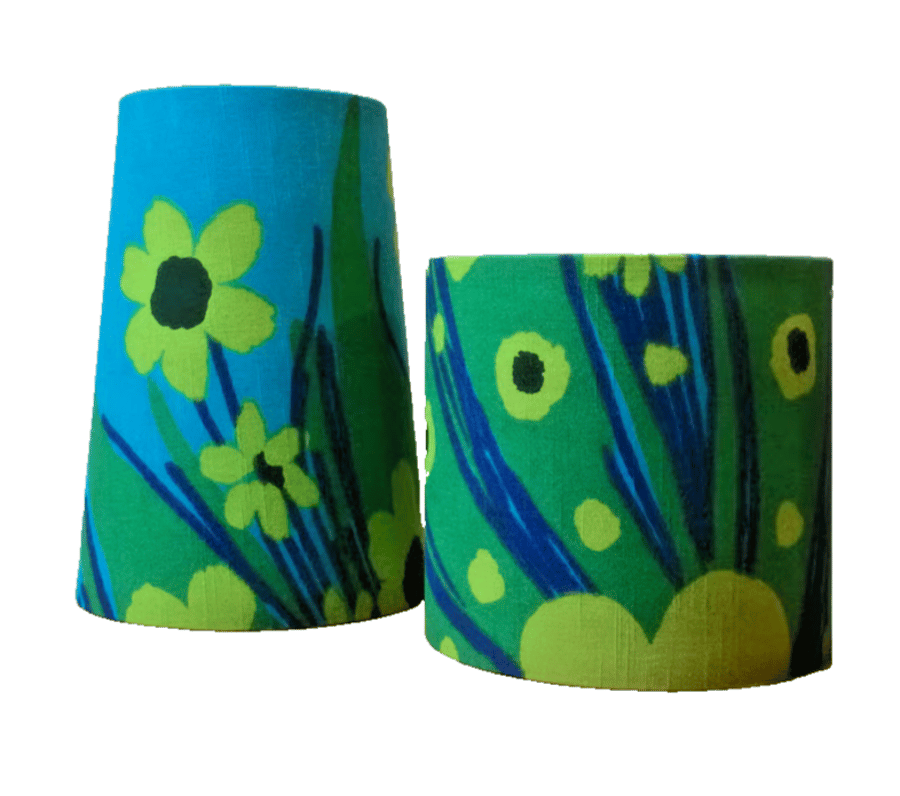 BOLD 60s 70s Lime Blue Flower Las Palmas BORAS Vintage Fabric Lampshade  