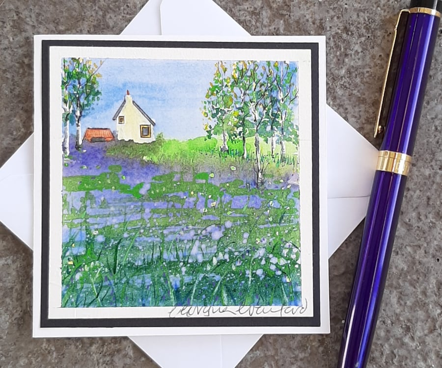 Mini Handpainted Blank Card. Letterbox Gift. Bluebells in Spring
