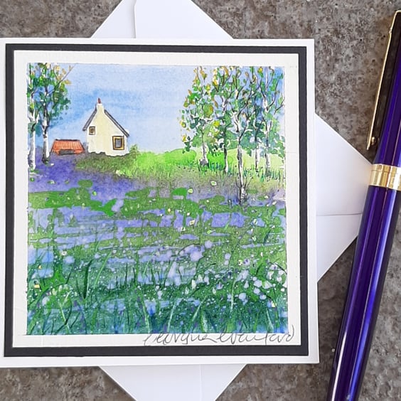 Mini Handpainted Blank Card. Letterbox Gift. Bluebells in Spring