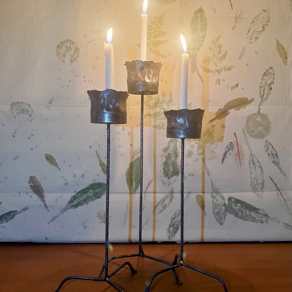 Hand forged set of 3 tall candlesticks