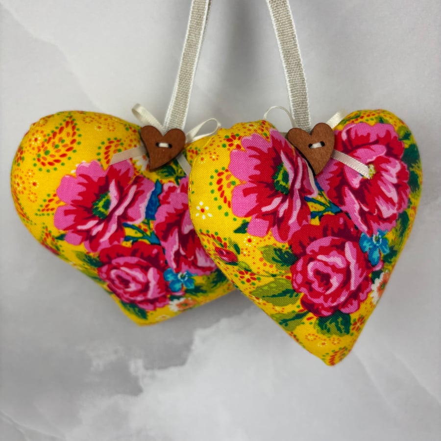 Handmade roses hanging fabric hearts set of 2