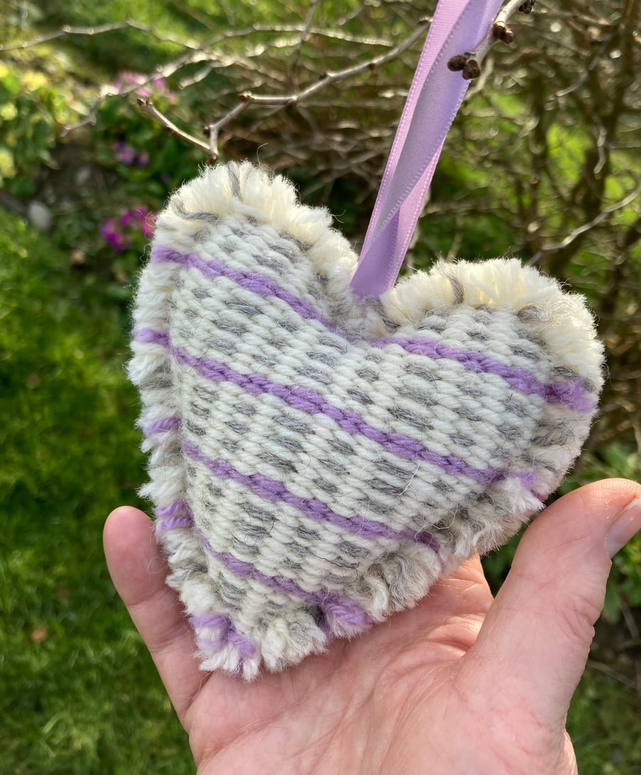 Lavender scented Heart - Lilac stripe. Handwoven in Wales
