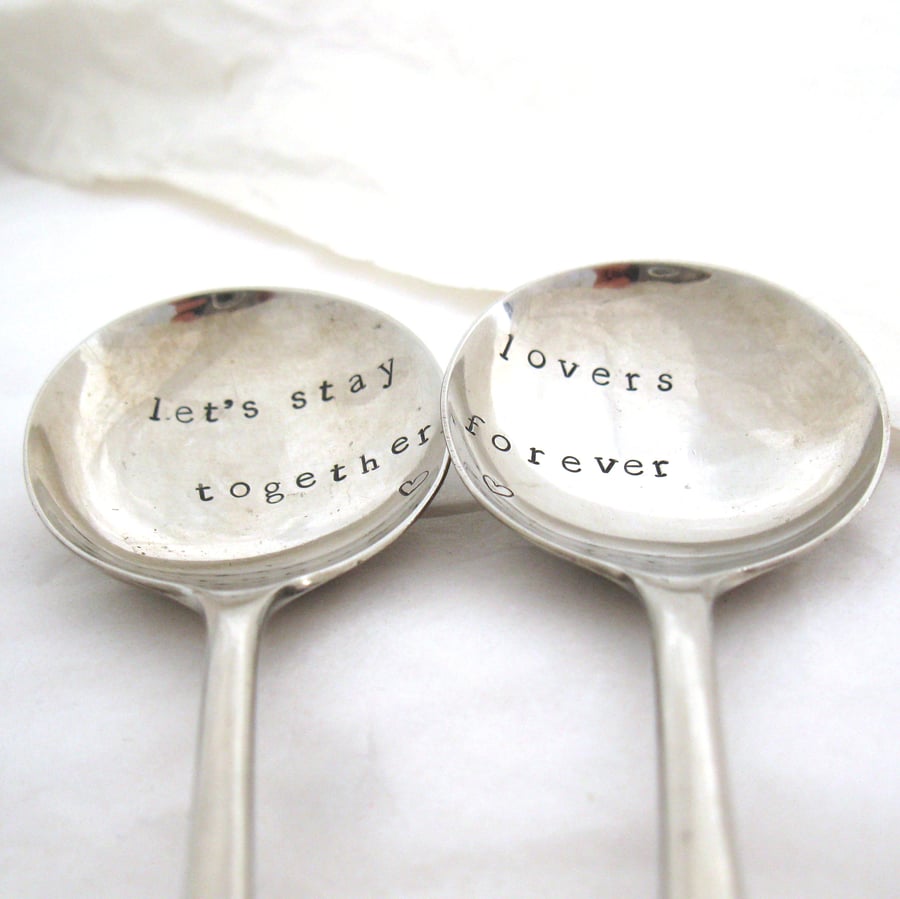 Lovers' spoon pair, matching fruit spoons, handstamped, together forever