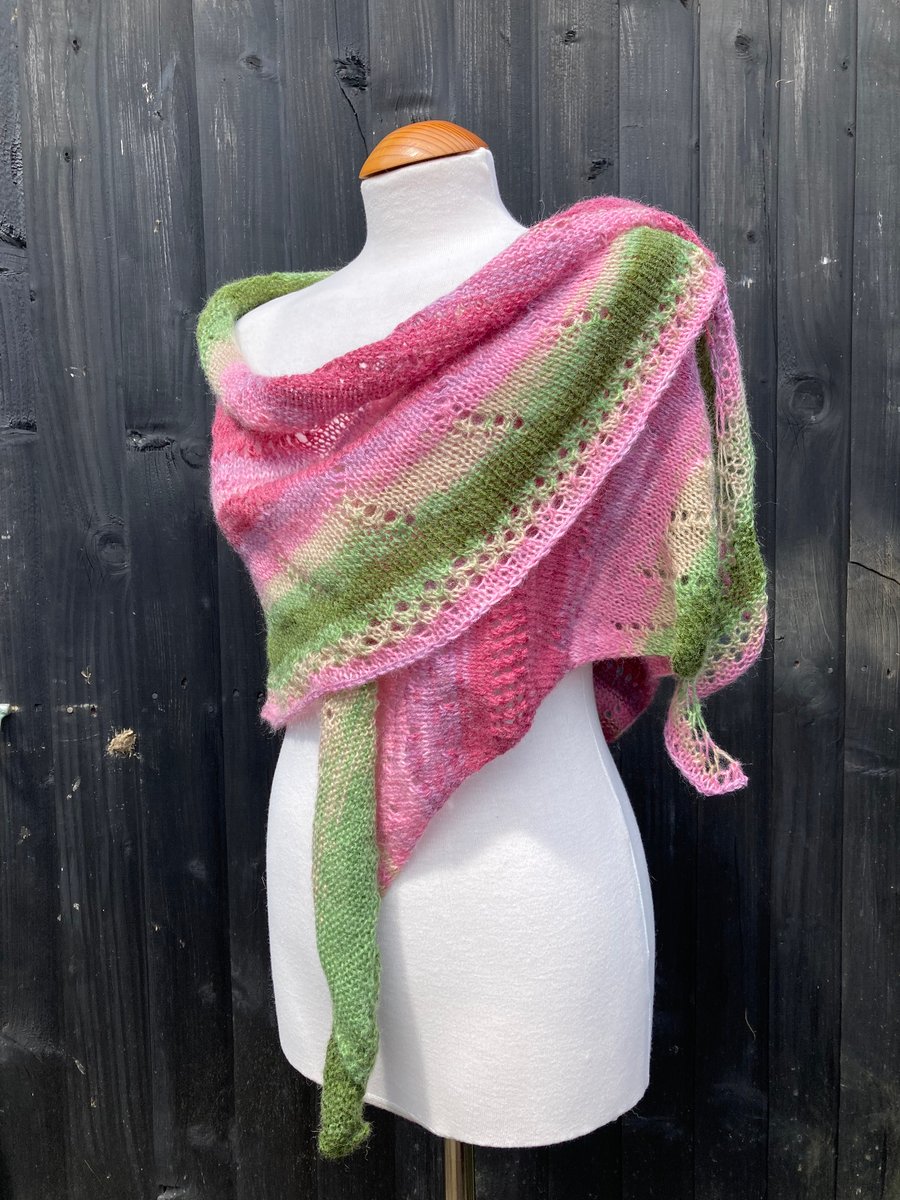 Light as a feather mohair hand knitted asymmetrical wrap 