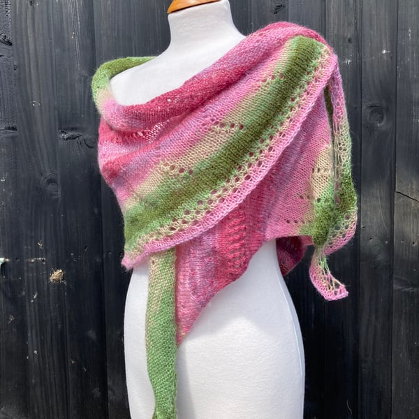 Light as a feather mohair hand knitted asymmetrical wrap 