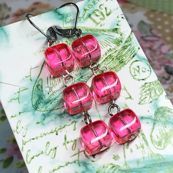 Pink glass cube earrings 