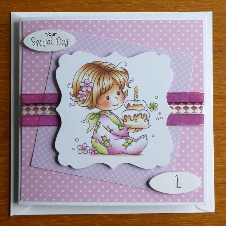 First Birthday Card - Little Girl With Cake